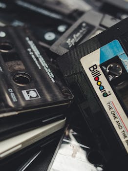 Close-up of a pile of vintage cassette tapes capturing a retro feel. Ideal for nostalgic themes.