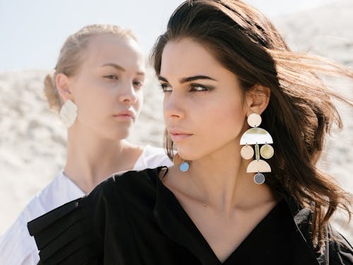 Free Attractive brunette woman with elegant hairdo wearing black dress with fashionable earrings and makeup standing in front of young blond female friend with simple hairstyle and without makeup in white shirt Stock Photo
