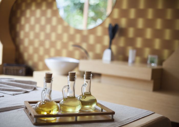 Massage oils on a tray