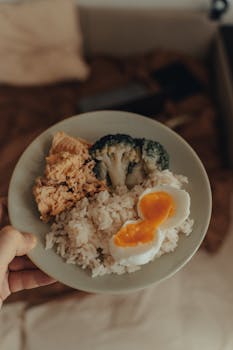 From above of crop anonymous person holding plate with homemade lunch including fried fish with broccoli and boiled egg served with rice