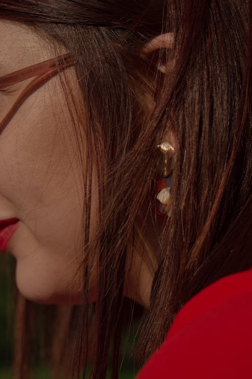 Free stock photo of earring, hair, red lipstick