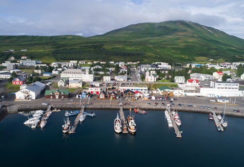 Amazing view of Husavik harbor in Iceland in summertime