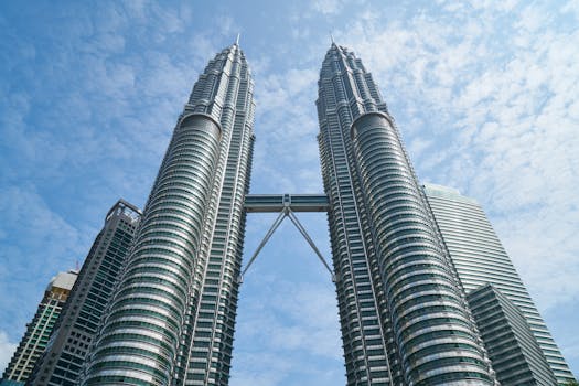 The iconic Petronas Twin Towers against a bright blue sky in Kuala Lumpur, Malaysia.