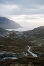 Ocean surrounded by mountains and river tributaries under cloudy sky