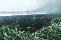 Side view of anonymous tourist in raincoat standing in front of ocean surrounded by mounts in mist and grass with dew on leaves under overcast sky