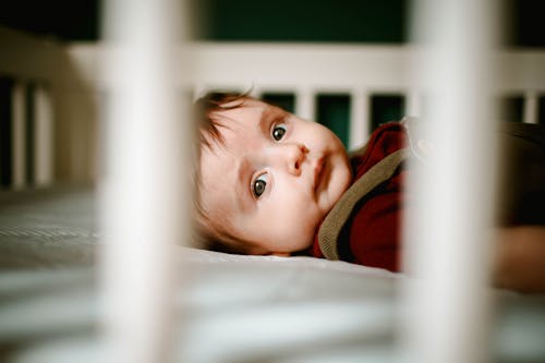 Free Calm baby lying in crib at home Stock Photo