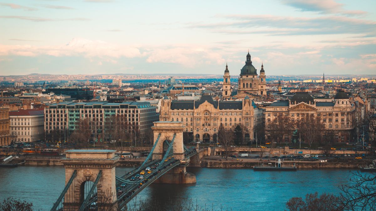 A view over Budapest and the Danube river with the citys bridges