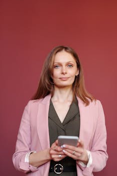 一位自信的女性身着粉色西装外套，手持智能手机，在工作室的红色背景前拍照