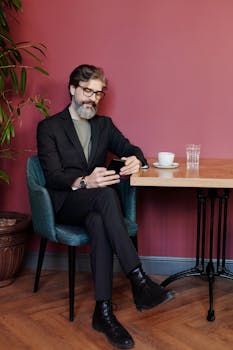 在一家别致的咖啡店里，一位戴着眼镜、拿着智能手机的老练男人