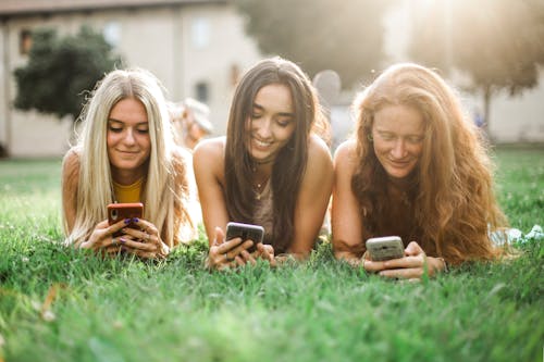 Vriendinnen Browsen Smartphone Op Gazon