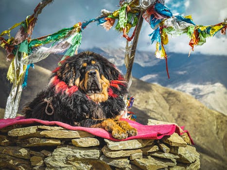 Big Tibetan Mastiff with thick dark fur looking at camera while lounging on pink blanket on stones under multi colored pieces of cloth on sticks in mountain valley