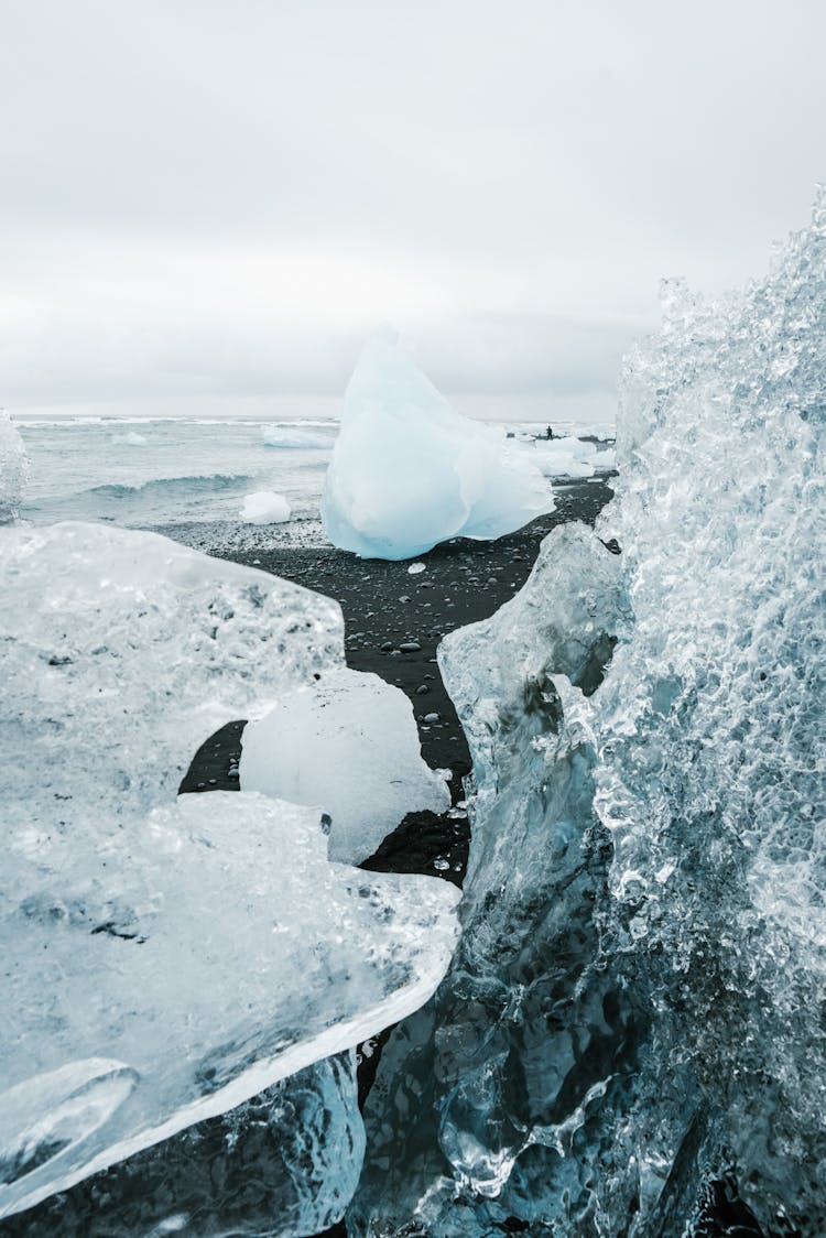 Glacier On Ocean Beach In Overcast Day