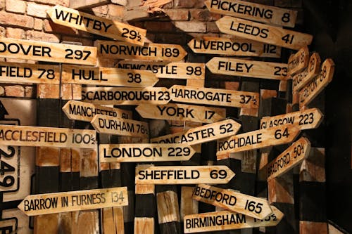 бесплатная Коричневые деревянные вывески, висящие у стены Стоковое фото