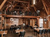 Interior of wooden building of restaurant in style of sundeck