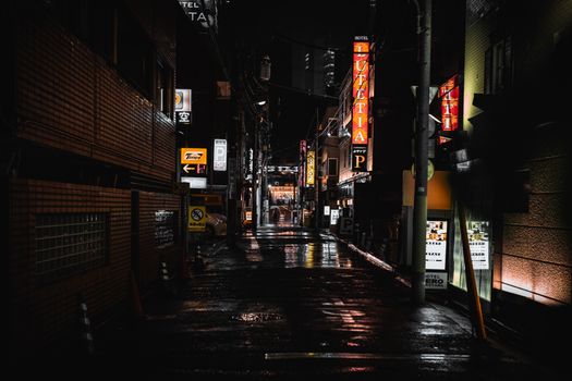 东京一条黑暗潮湿的小巷，夜晚被彩色标志照亮