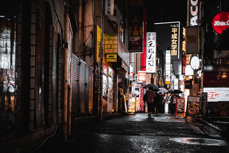 People Walking On The Street At Night While Carrying Umbrella