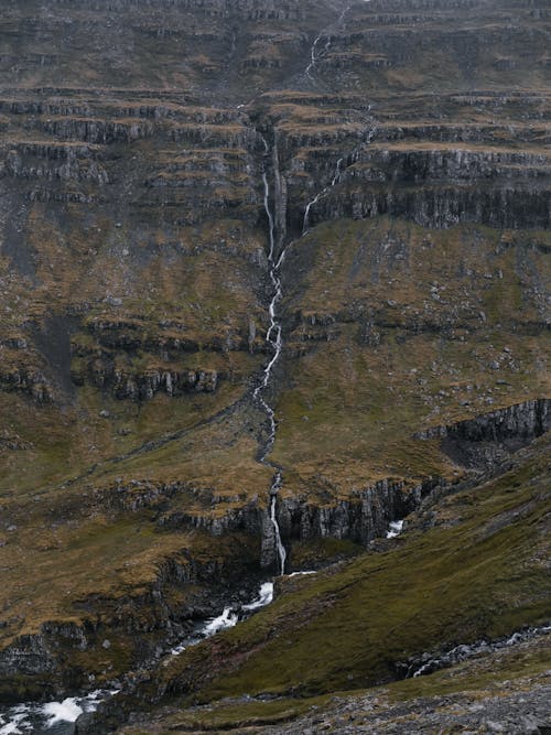 Picturesque scenery of high mountain slope covered with moss with rapid narrow foamy river on overcast day