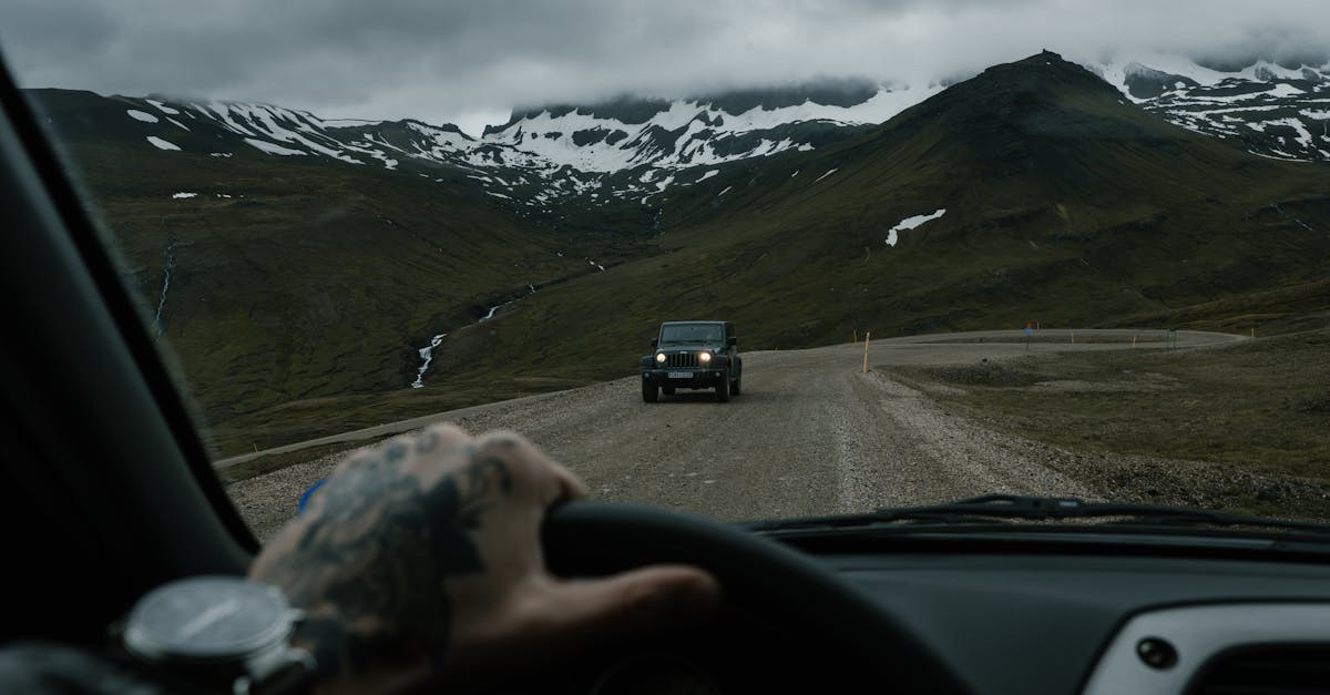 Exploring a mountainous landscape in an off-road vehicle on a cloudy day.