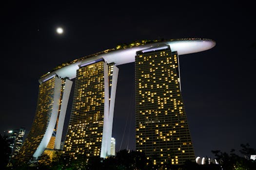 Stunning night view of the illuminated Marina Bay Sands in Singapore, showcasing modern architecture and city lights.