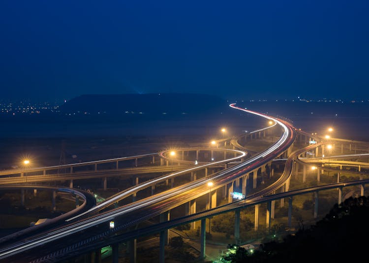 Modern Road Junction In Outskirts At Night