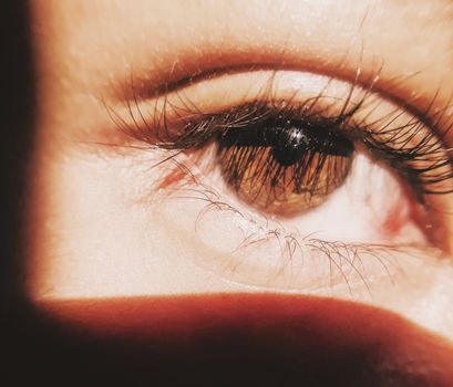 Detail of face of unrecognizable person with brown eye and long eyelashes looking at camera on sunny day