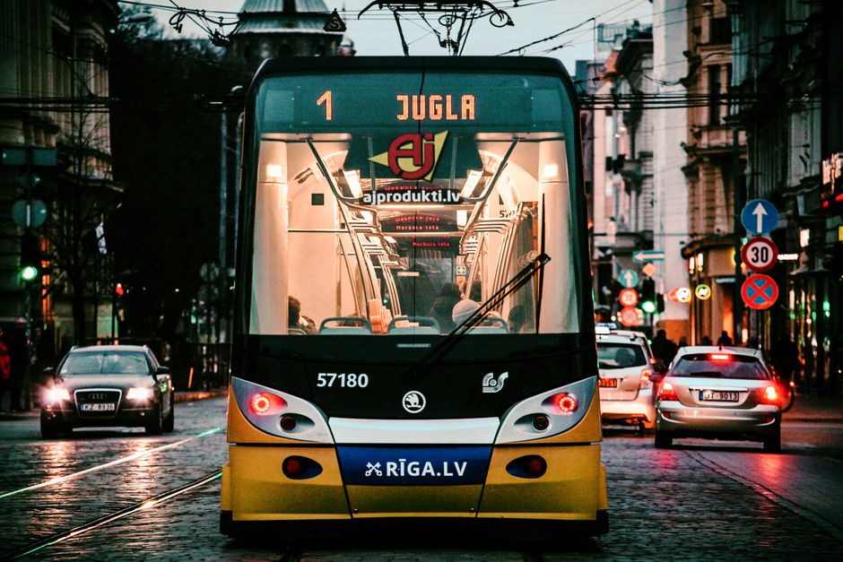 Modern tram in Riga, Latvia, moving through the city center