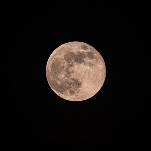 Free From below of sphere shaped moon with blots and shining surface in dark sky in twilight Stock Photo