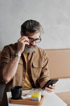 A mature man sips coffee while browsing his smartphone, embodying a relaxed morning routine.