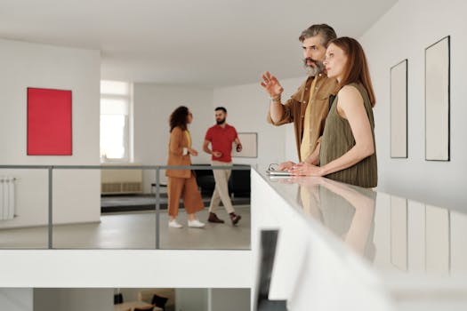 Business professionals discussing in a modern office setting, showcasing teamwork and collaboration.