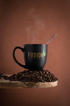 Black mug of steaming coffee with coffee beans on a rustic surface, perfect for café ambience.