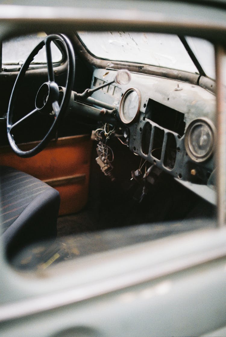 Old Timer Car Interior With Dirty Windshield