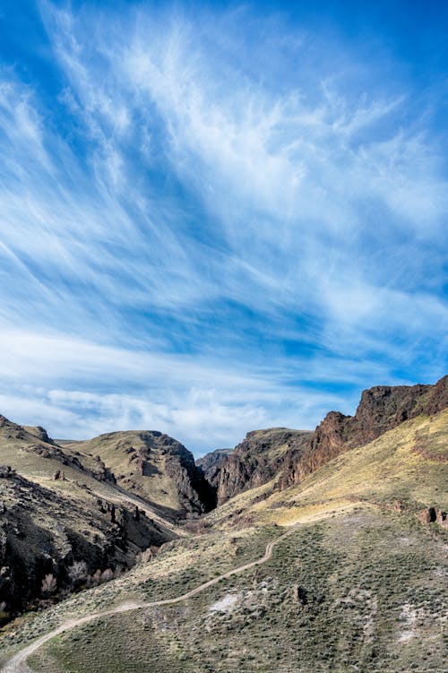 Bright blue cloudy sky above rough mounts