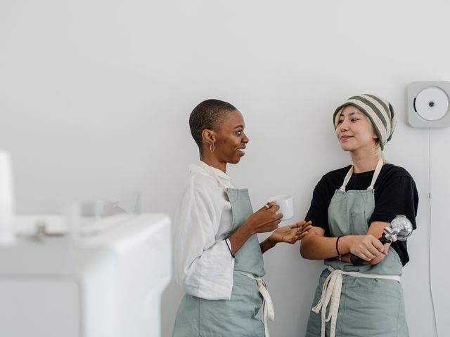 Customers chatting near a local counter