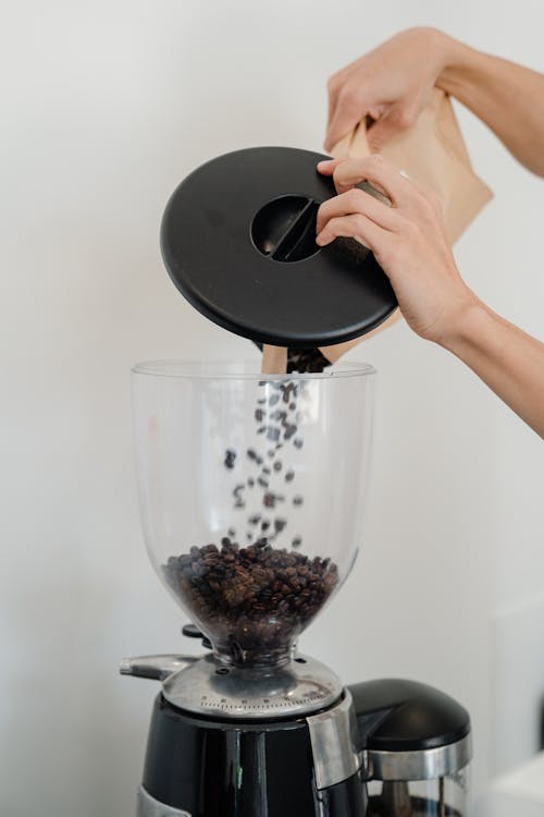 Free Person Pouring Roasted Coffee Beans in Coffee Maker Stock Photo