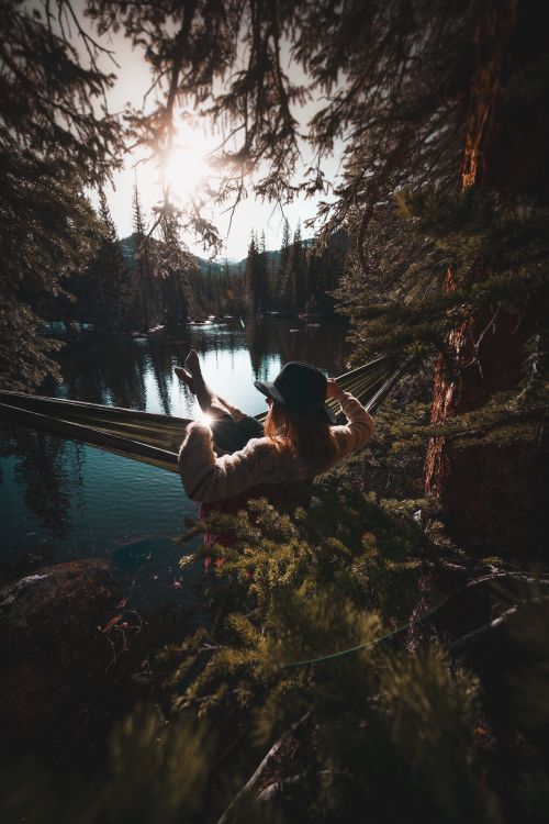 Free A woman enjoys a peaceful moment in a hammock by a serene lake surrounded by trees during sunset. Stock Photo