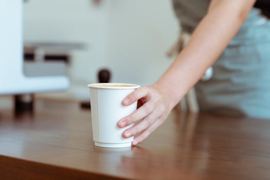 Close-up of a barista's hand serving a hot coffee in a paper cup on a café counter.