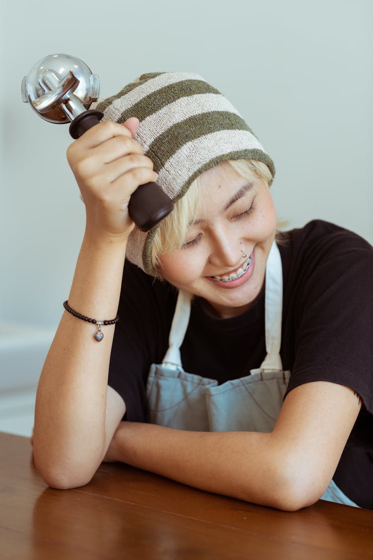 Cheerful Barista In Apron And Hat With Portafilter