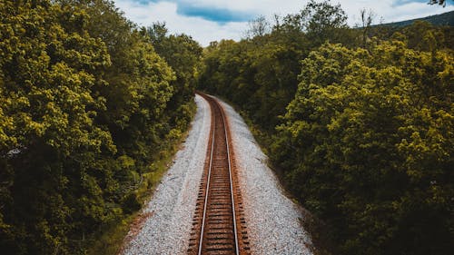 High angle of empty rail line running amidst lush foliage of forest in countryside