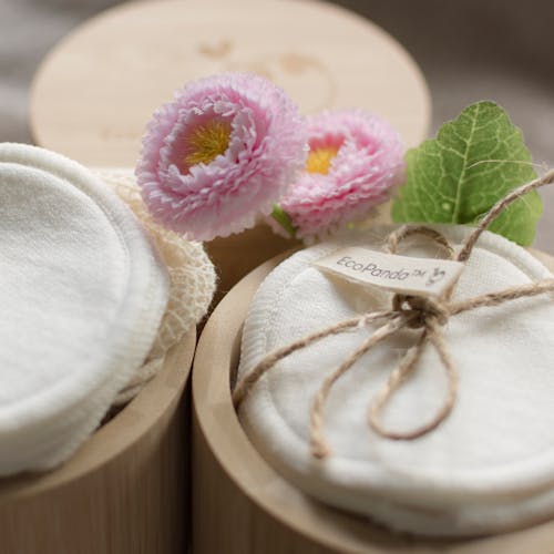 Free Fabric Pads in a Bamboo Container Tied with Jute Rope Stock Photo