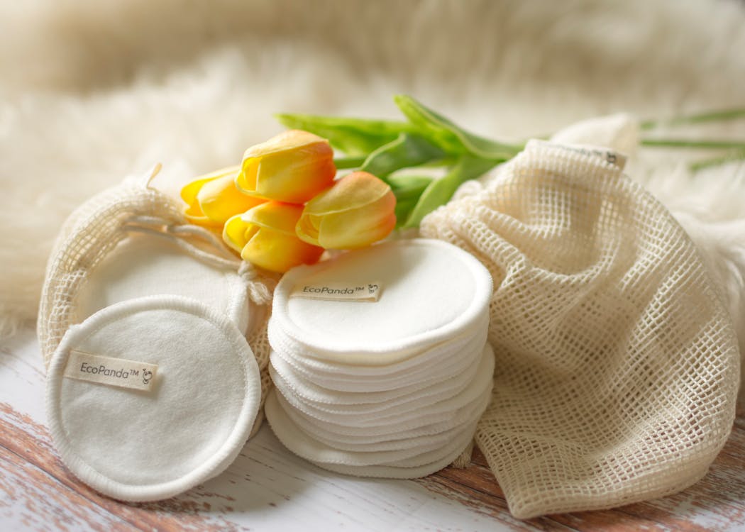 Free Reusable Cotton Pads in a Fabric Pouch Stock Photo