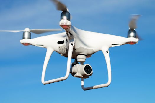 A white drone flying against a clear blue sky, capturing aerial views with its camera.