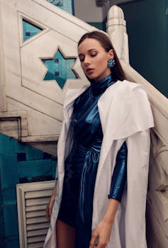 一位身穿蓝色连衣裙和白色斗篷的时尚女子，在室内优雅地摆着姿势，环境时尚迷人