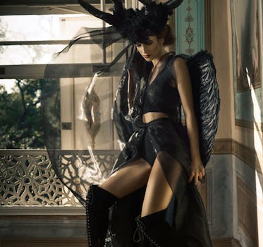 Glamorous model in dark fantasy attire with wings and horns, captured in an elegant indoor setting.