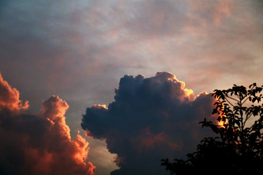 Vivid clouds at sunset create a dramatic sky with a silhouette of trees in the foreground.
