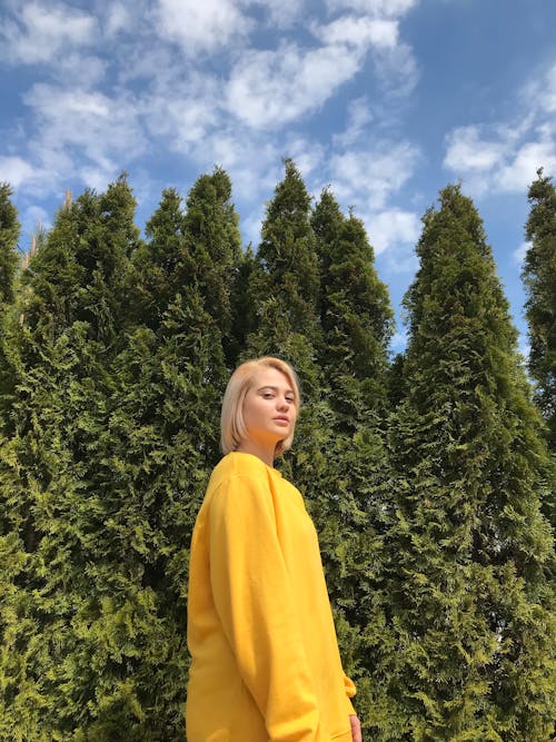 Confident young lady standing near evergreen trees on sunny day