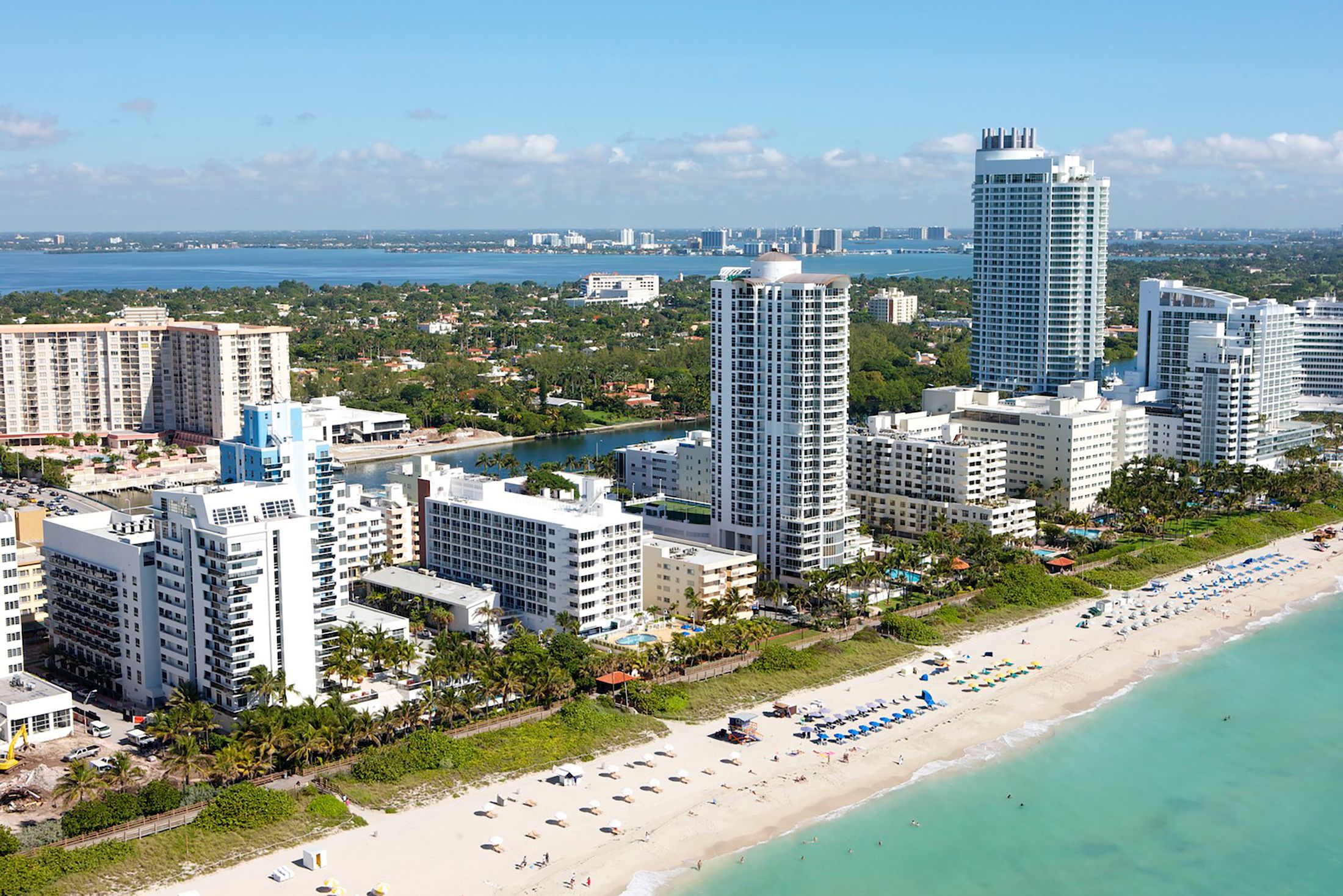 Aerial view of Miami Beach's skyline lining the coastline