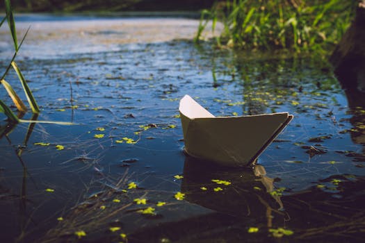 A serene paper boat softly floats on a calm lake, surrounded by nature.