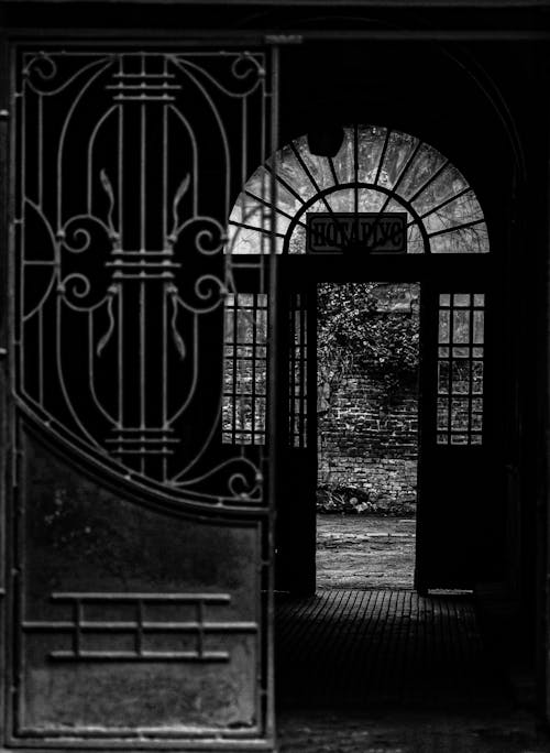 Black and white of aged decorated metal door of house with shabby wall in darkness