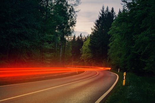Dynamic light trails of cars on a forest highway captured with long exposure during twilight.