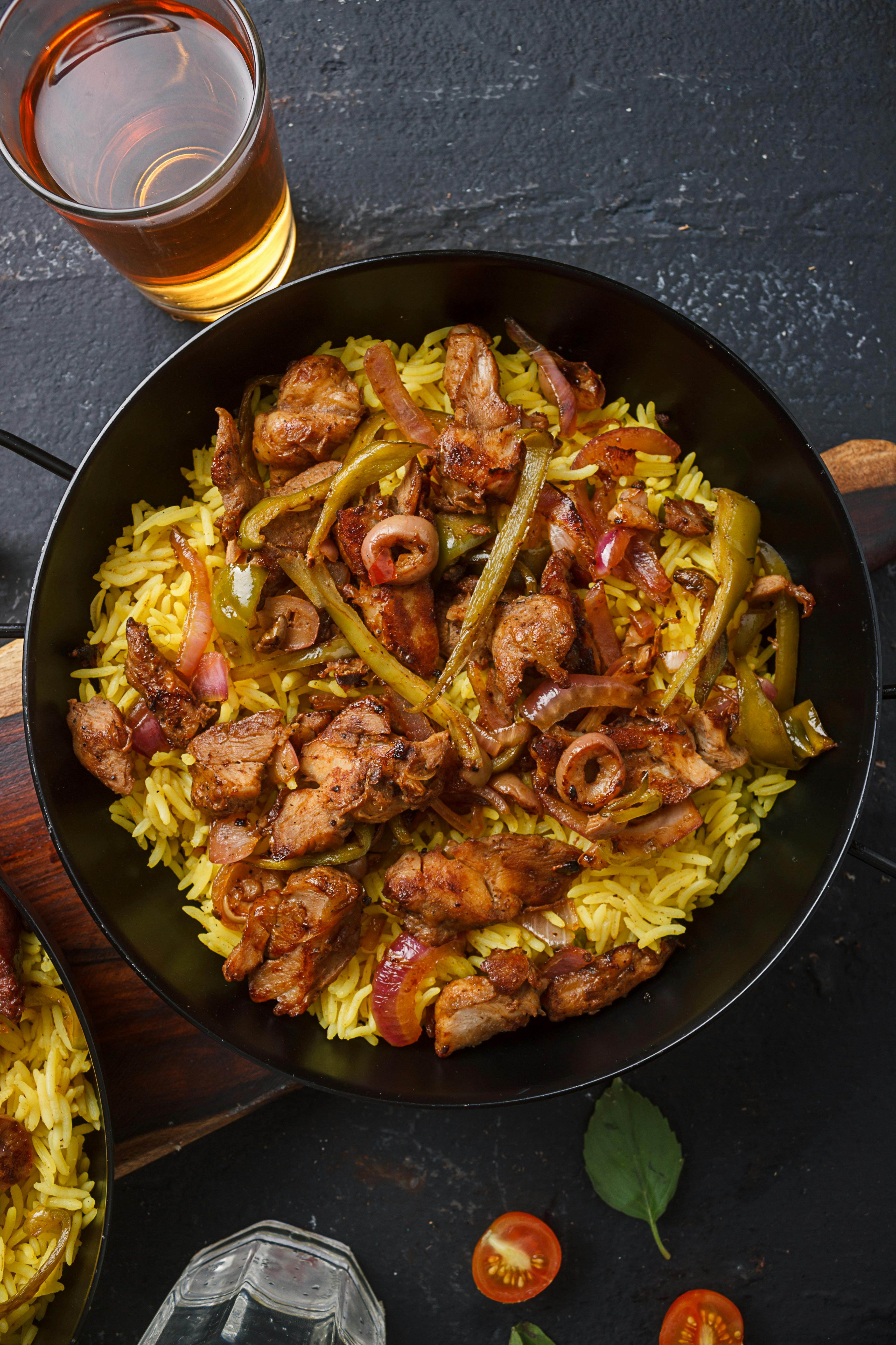 top view photo of cooked food in black bowl